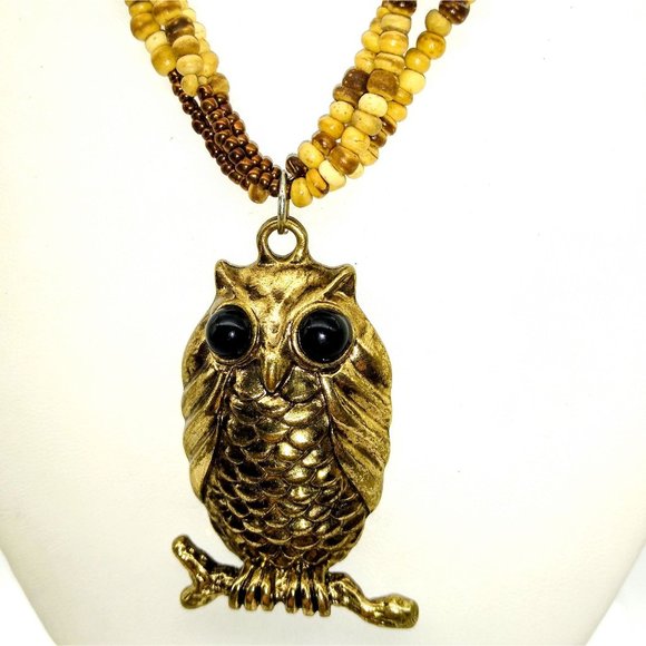 Retro Owl Pendant Necklace, Vintage Brown Multi Strand Choker from Avon with Gol - Picture 2 of 4